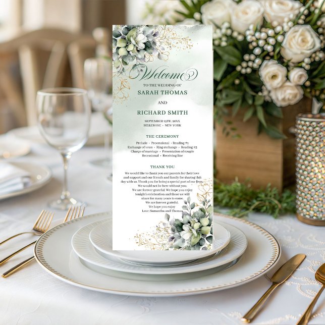 Botanical Watercolor Green Gold Wedding Program (Botanical Watercolor Green Gold Wedding Program)