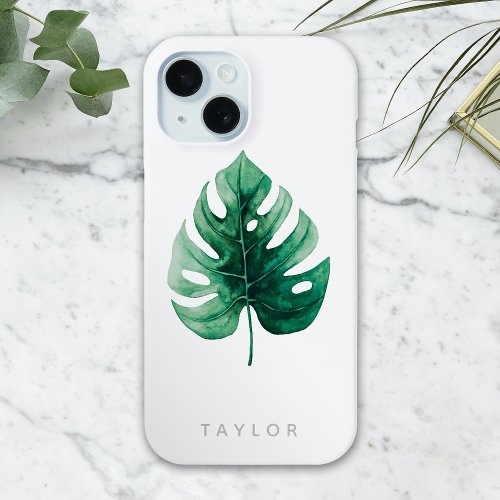 Botanical Watercolor Green Monstera Leaf iPhone 15 Case
