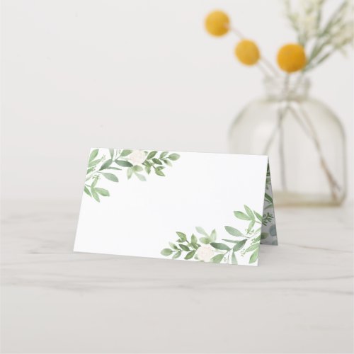 Botanical Watercolor Greenery and White Flowers Place Card