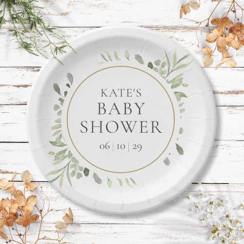 Botanical Watercolor Greenery Baby Shower Paper Plates