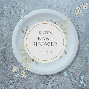 Botanical Watercolor Greenery Blue Baby Boy Shower Paper Plates