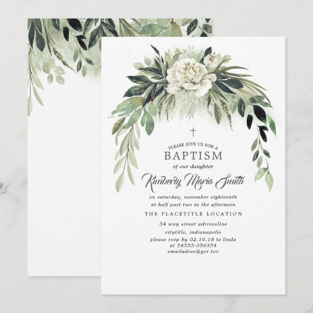 Botanical Watercolor Greenery Garland Baptism Invitation (Front/Back)