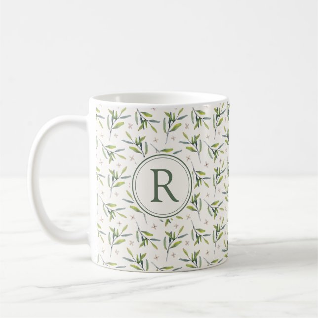 Botanical Watercolor Greenery Initial R Monogram Coffee Mug (Left)
