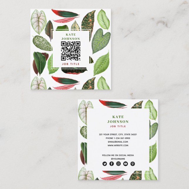 Botanical Watercolor Greenery Leaves QR Code  Square Business Card (Front/Back)
