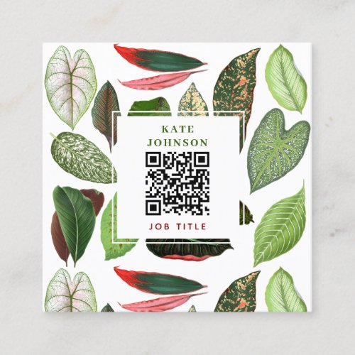 Botanical Watercolor Greenery Leaves QR Code  Square Business Card