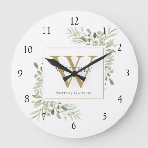 Botanical Watercolor Greenery Monogram Name Large Clock