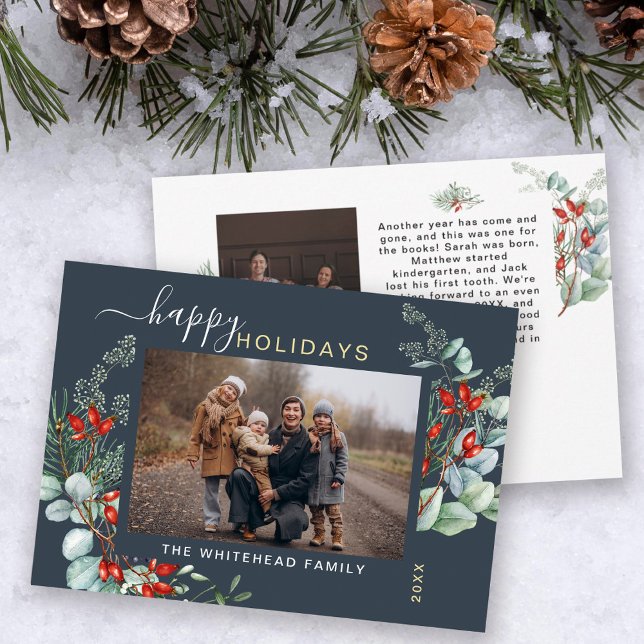 Botanical Watercolor Greenery Photo Blue Holiday Card (You will love these beautiful Christmas cards! They feature botanical watercolor holiday greenery.)