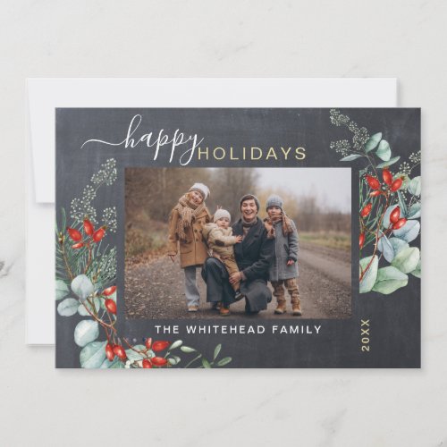 Botanical Watercolor Greenery Photo Chalkboard Holiday Card