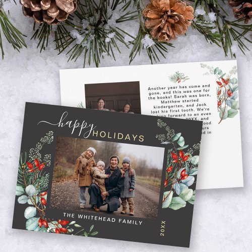 Botanical Watercolor Greenery Photo Dark Grey Holiday Card