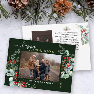 Botanical Watercolor Greenery Photo Forest Green Holiday Card