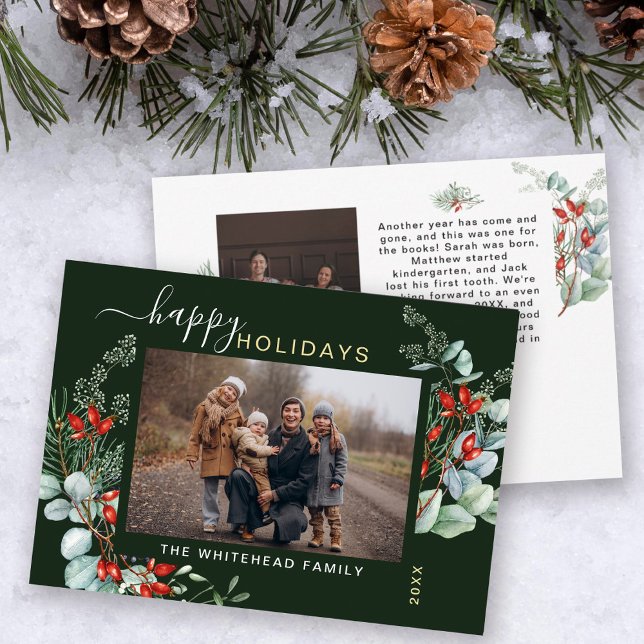 Botanical Watercolor Greenery Photo Forest Green Holiday Card (Creator Uploaded)