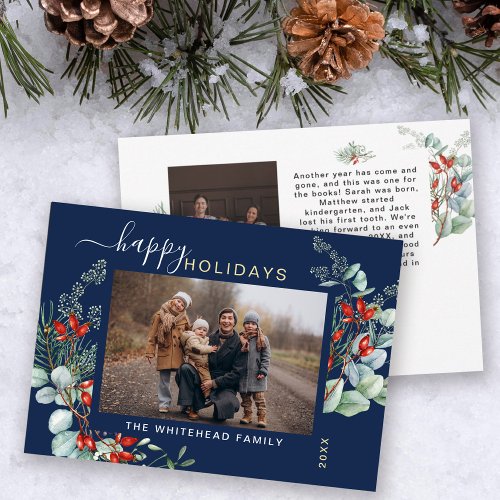 Botanical Watercolor Greenery Photo Navy Blue Holiday Card