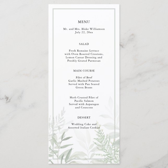 Botanical Watercolor Greenery Wedding Menu (Front)