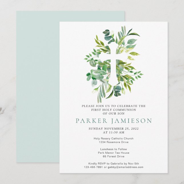 Botanical Watercolor Greens First Holy Communion Invitation (Front/Back)