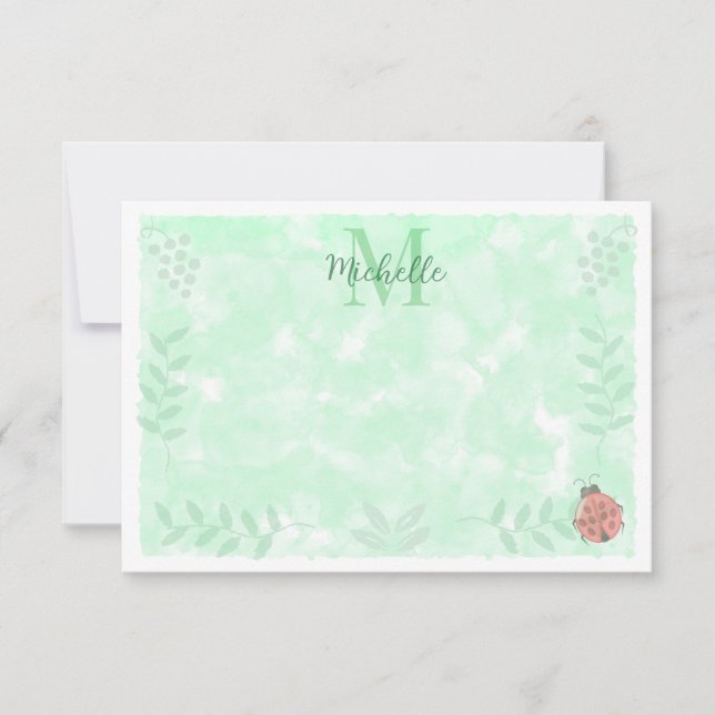 Botanical Watercolor Ladybug Monogram   Note Card (Front)