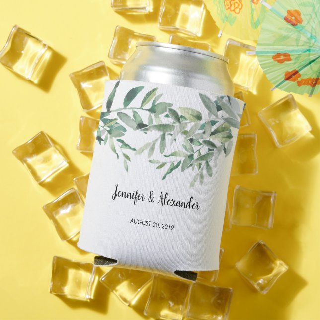 Botanical watercolor leaves Bride Groom Wedding Can Cooler (In Situ Summer)