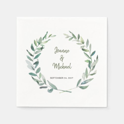 Botanical watercolor leaves bride groom wedding napkins