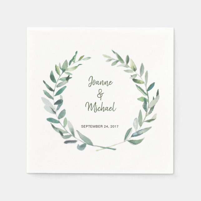 Botanical watercolor leaves bride groom wedding napkins (Front)