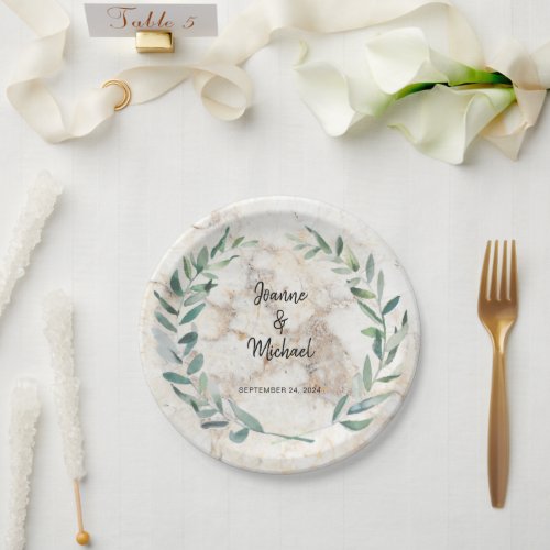 Botanical watercolor leaves bride groom wedding paper plates