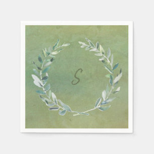Botanical watercolor leaves green monogrammed napkins
