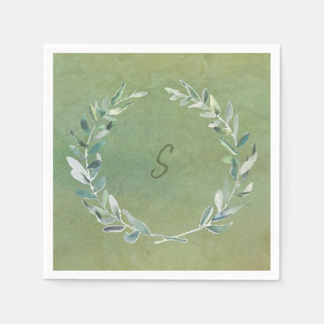 Botanical watercolor leaves green monogrammed napkins (Front)