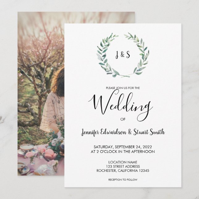 Botanical watercolor leaves monogram photo Wedding Invitation (Front/Back)