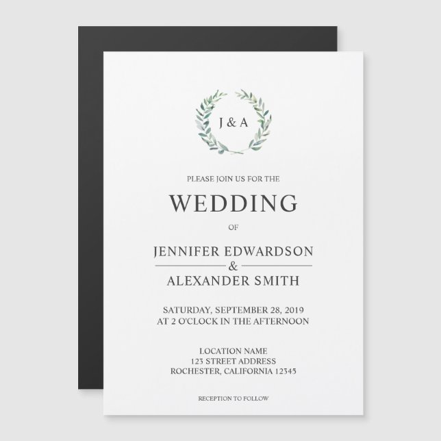 Botanical watercolor leaves monogram wedding magnetic invitation (Front/Back)