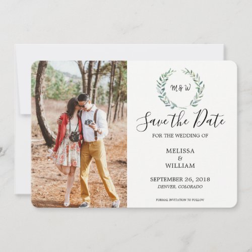 Botanical watercolor leaves monogrammed photo save the date