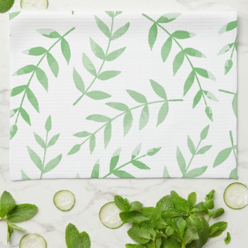 Botanical Watercolor Leaves Pattern Kitchen Towel