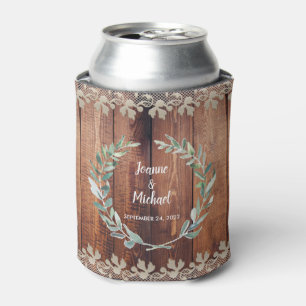 Botanical watercolor leaves rustic wood Wedding Can Cooler