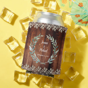 Botanical watercolor leaves rustic wood Wedding Can Cooler
