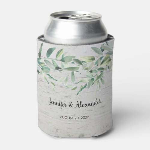 Botanical watercolor leaves wood bride groom can cooler