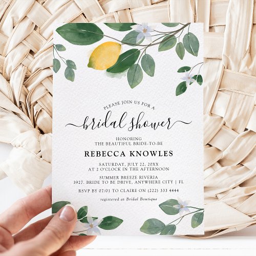 Botanical Watercolor Lemon Greenery Bridal Shower Invitation