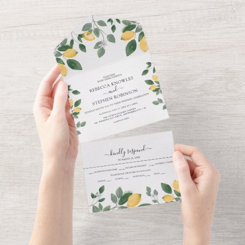Botanical Watercolor Lemon  Greenery Wedding All In One Invitation