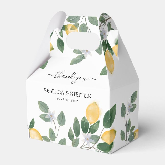 Botanical Watercolor Lemon & Greenery Wedding Favor Boxes (Front Side)