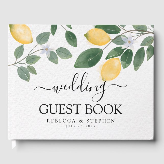 Botanical Watercolor Lemon & Greenery Wedding Guest Book (Front)