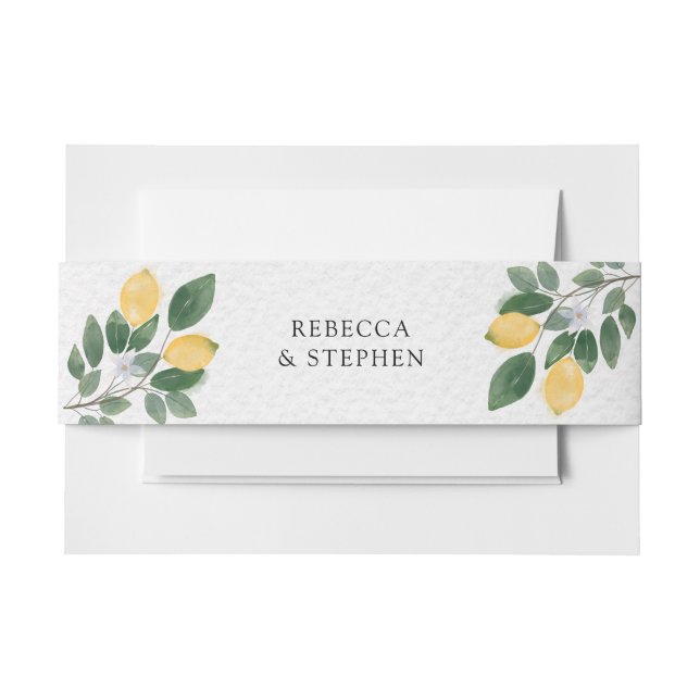 Botanical Watercolor Lemon & Greenery Wedding Invitation Belly Band (Front Example)