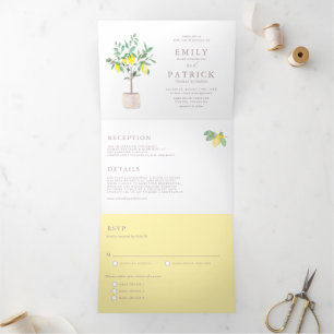 Botanical Watercolor Lemon Tree Summer Wedding Tri-Fold Invitation