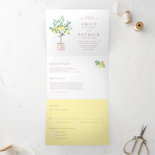 Botanical Watercolor Lemon Tree Summer Wedding Tri_Fold Invitation