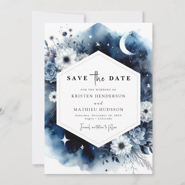 Botanical Watercolor Moonlit Wedding Save The Date (Front)