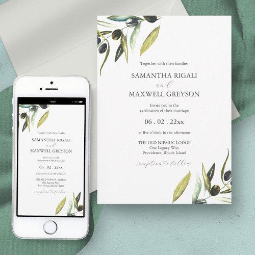 Botanical Watercolor Olive Branch Wedding Invitation