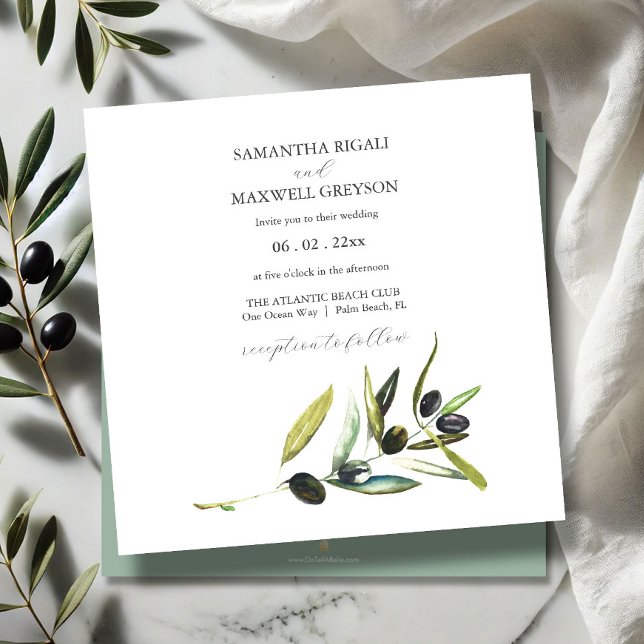 Botanical Watercolor Olive Branch Wedding Invite (watercolor wedding invitations olive branch art by Victoria Grigaliunas Do Tell A Belle)