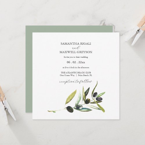 Botanical Watercolor Olive Branch Wedding Invite