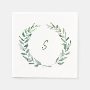 Botanical watercolor olive leaves monogrammed napkins