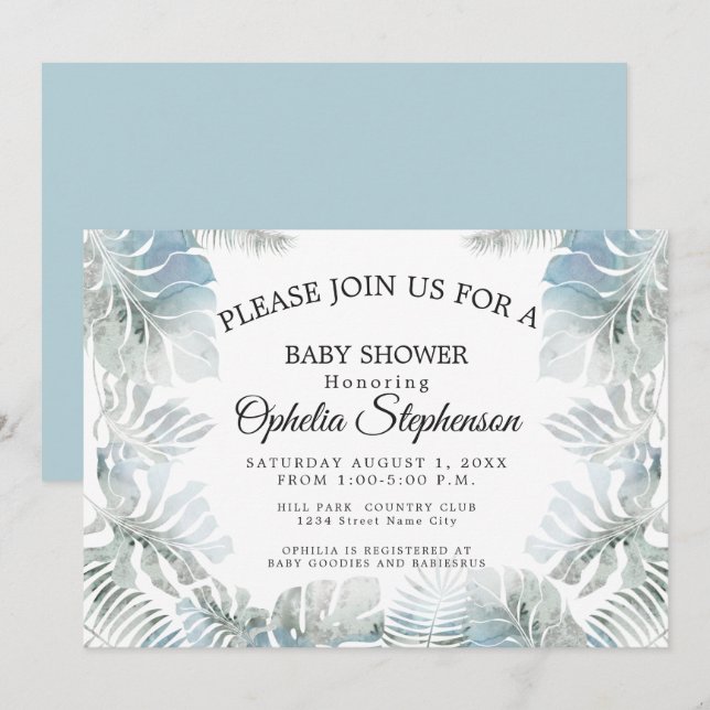 Botanical Watercolor Pale Dusty Blue Shower Invitation (Front/Back)