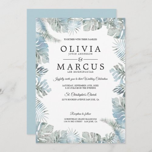 Botanical Watercolor Pale Dusty Blue Wedding Invitation