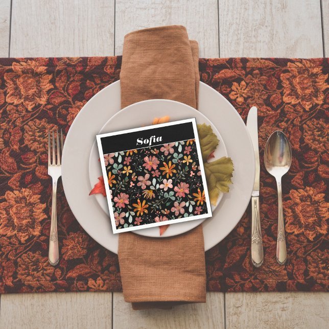 Botanical watercolor pattern custom black napkins (Creator Uploaded)