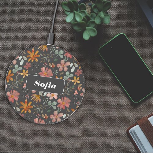 Botanical watercolor pattern custom grey wireless charger 