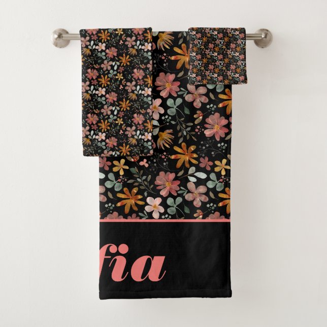 Botanical watercolor pattern custom pink black bath towel set (Insitu)