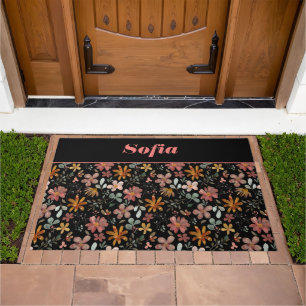 Botanical watercolor pattern custom pink black doormat